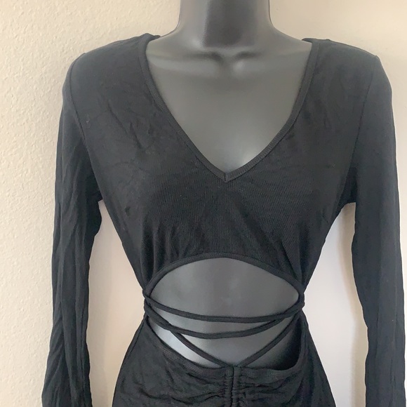 Princess Polly Noa Black Long Sleeve Ribbed Cut Out Criss Cross Tie Mini Dress - Picture 4 of 11